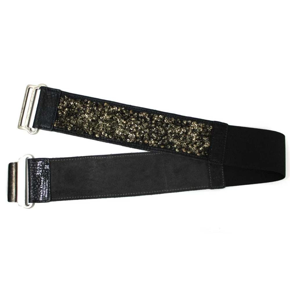 Vintage 80s Streets Ahead Size M Women's Belt Black Leather & Stretch Sequin